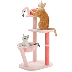34 Inches Flamingo Cat Tree with Hammock for Indoor Small Cats,Cute Cat Tower with Scratching Post for Kittens,Cat Scratcher with Cat Perch and Dangling Ball,Pink