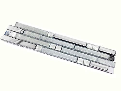 Hominter Metallic Glass Tile Linear Mosaic Sparkle Silver Crystal Glass Chrome Stain Resistant for Kitchen Backsplash Bathroom & Shower Wall Tiles (3