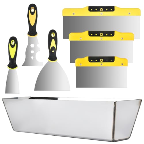 CENBEN Wallpaper Scraper Tool, 7 Pieces Stainless Steel Drywall Hand Tool Kit Includes Taping Knife, Putty Knife and 12" Mud Pan with Ergonomic Handles, Wallpaper Scraper Set Plastering Tools Set