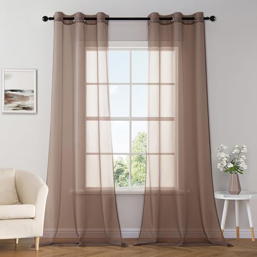 MIULEE Solid Color Sheer Curtains 96 Inches Long 2 Panels Set - Elegant Lightweight Grommet Light Filtering Window Voile Panels/Drapes/Treatment for Bedroom Living Room W42 x L96 Inch, Chocolate