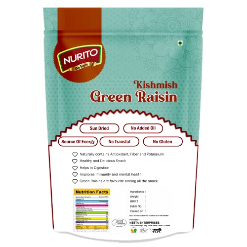 Image of Nurito Kishmish (Green Raisins) 600 Grams (200gm X 3) - Hari Darakh | Green Raisns Nutrient-Rich Superfood for Energy |Hari Kishmish Rich Source of Potassium & Dietry Fiber - This seedless Kishmish is the Best Snack for Every Age Group | Kishmish | Delicious Snack