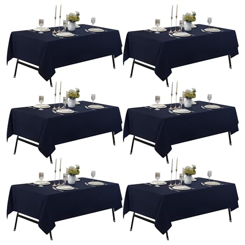 Image of 6-Pack 60x144 inch Navy Blue Table Cloths, Solid Stain and Wrinkle Resistant Oblong Tablecloth, Premium Plain Weave Polyester Fabric Rectangle Table Linen Covers for Hotel, Banquet