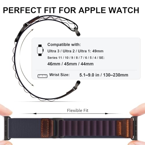 Image of MRAIN-H Leather Design Compatible with Apple Watch Bands Ultra 3 2 1 (49mm) & Series 11 10 9 8 7 6 5 4 SE 3 2 1 (46mm 45mm 44mm), Soft Stretchy Nylon Sport Band for iWatch Men Women