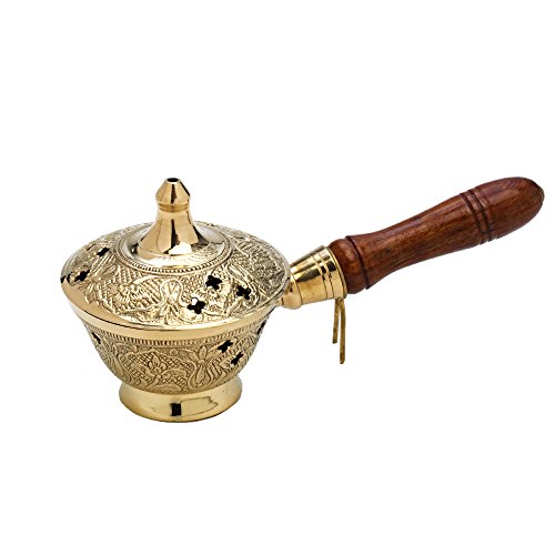 NKlaus Räucherpfännchen mit Holzgriff für Weihrauch Räucherwerk Räuchermischung Räuchergefäß Messing Gold massiv Handarbeit Dekoration Esoterik 7538 Cover