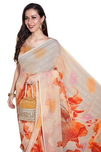 Image of RANI SAAHIBA Women's Printed Chiffon Saree Without Blouse Piece