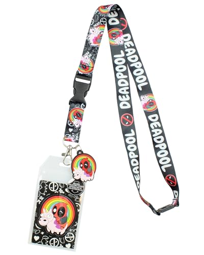 Bioworld Marvel Deadpool Chibi Lanyard ID Holder With Unicorn And Rainbow Rubber Charm Pendant And Collectible Sticker
