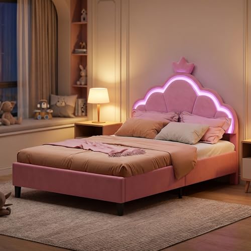 BRILVERDE Lit Rembourré 90x200 cm,Lit de Fille avec tête de LED réglable et sommier à Lattes, lit Fille, Design Forme Couronne pour Enfants et...