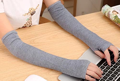 Image of Women's Long Knitted Fingerless Gloves Thumbhole Stretch Arm Warmers | Stretchy soft knitted arm warmers for women, comfortable thumbhole design, ideal daily winter hand sleeve accessories