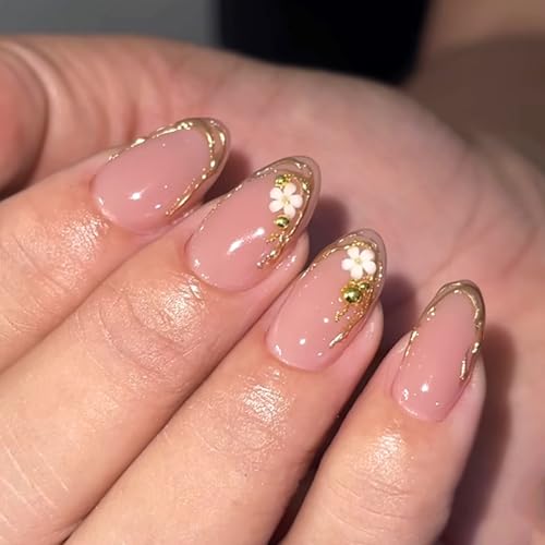 Nude Pink Flower Press On Nails 24PCS – Almond Soft Gel Fake Nail...