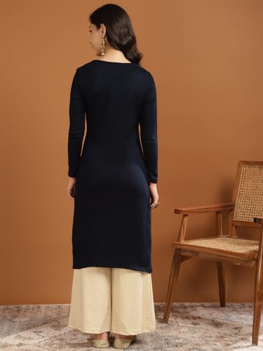 Image of rangita Navy Acrylic Calf Length Printed Straight Kurti for Women | Kurta for Women