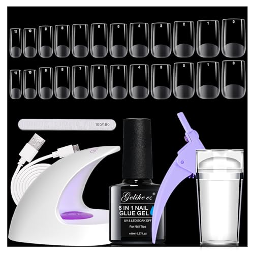 Gelike ec Kit Pose Americaine Ongles, Faux Ongles Capsule Transparents 6 en 1 Colle pour Ongles d'Extension 240Pcs 12 Tailles Portable Lampe LED Gel UV 16W, en...