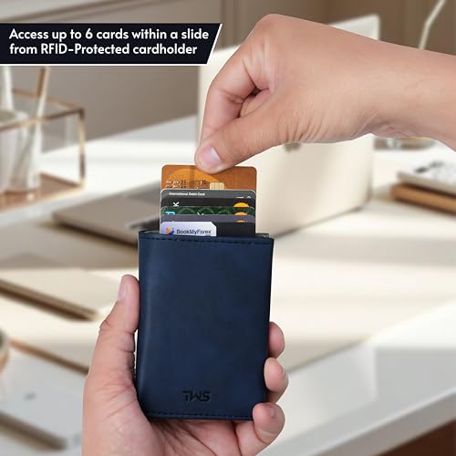 Image of The Wallet Store SlideX Neo RFID-Protected Pop-Up Card Holder Wallet for Men | Minimalist Leather Smart Wallet with Quick Access Ejector | Compact Dual-Color Card Case | Holds 6-10 Cards (Blue)