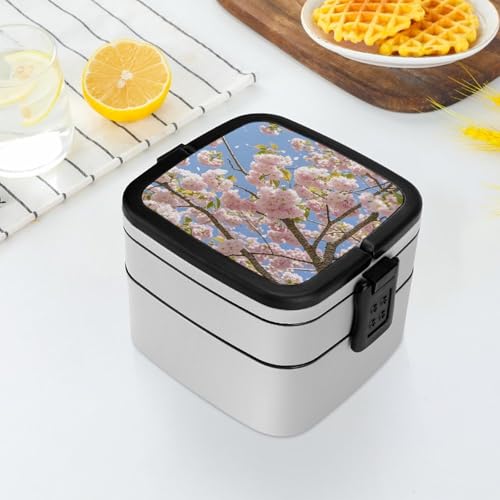 Bento Box Adult Lunch Box Lunchable Food Container with Utensil Cherry Blossom Lunchbox Leak-Proof Lunch Containers Double Layer Bento Box for Dining Out Work Picnics Travel