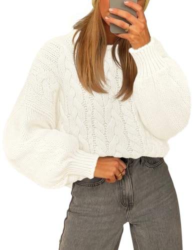 MEROKEETY Womens Fall Cable Knit Sweaters 2025 Long Lantern Sleeve Crewneck Chunky Loose Pullover Tops Winter Clothes