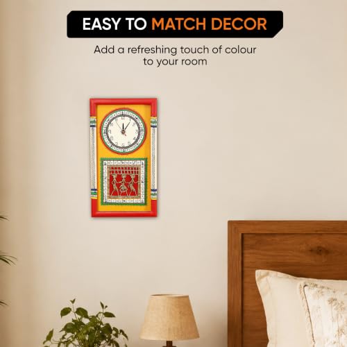 Image of AAKRITI ART CREATIONS Wall Clock Handcrafted Warli Art Yellow Dial with Glass Frame Red, Yellow | Wall Clock for Home, Home Decoration | Lightweight Wooden wall Decor | Matte Finish