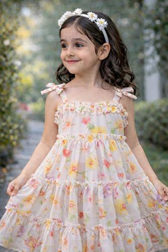 Image of Buy & Try Girls Printed Georgette Frock, Sleeveless Summer Dress, Lightweight Knee Length Baby Girl Dress, Casual Outfit, Soft Comfortable Fabric, Stylish Kids Wear
