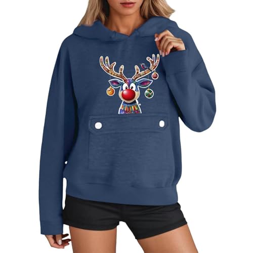 Rentier Pullover mit leuchtender Nase 26 Damen Hoodie mit Buntem Rentier-Motiv - Weihnachtlicher...