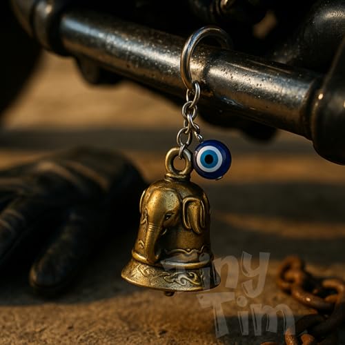 Image of Tiny Tim Guardian Bell with Evil Eye Charm - Protective Motorcycle & Car Accessory - Tibetan-Inspired Design - Wards Off Negative Energy - Ideal Gift for Bikers & Travelers