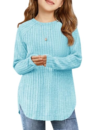 Haloumoning Girls Long Sleeve Shirts Kids Ribbed Knit Curved Hem Tunic Tops Fashion Tees 5-14 Years