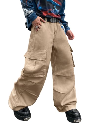 QGRSWBC Mens Cotton Cargo Jeans Casual Loose Fit Pants Wide Leg Trousers with Pockets Khaki XL