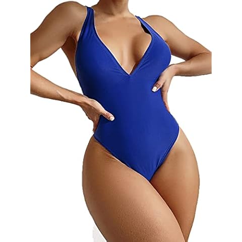 HYTENSUN Women's High Cut Criss Cross Back Strap One Piece Swimsuit Solid Deep V-Neck Padded Coverage Bathing Suit Swimwear, Deep Blue, Small Cover