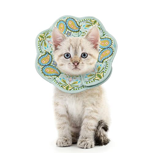 COMSUN Cat Cone Cat Recovery Collar Soft Pet Cones Collar with Paisley Pattern for Cats Kittens and Puppies Adjustable Elizabethan Fastener Collars to Prevent Licking After Surgery,Green (Small)