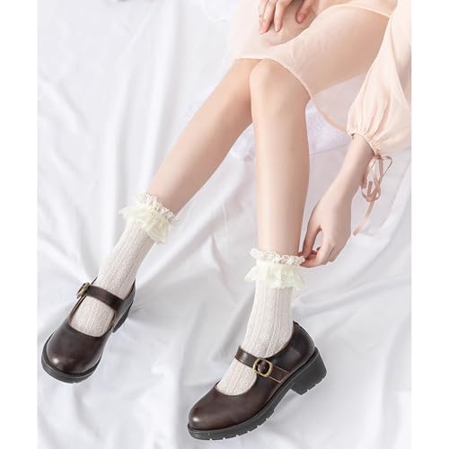 Image of Women Lace Ruffle Socks White Black Frilly Lolita Crew Dress Socks | Womens Ankle Lacy Ruffled Socks Adult Cute Soft Cotton Thin Sexy Mesh Lace Trim 80s Casual Church Socks for Ladies Big Girls