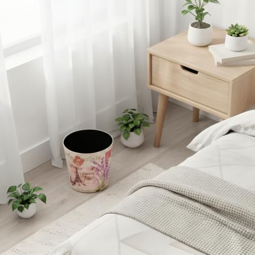 Image of PU Leather Small Trash Can Wastebasket, Round Garbage Container Basket for Bathrooms, Laundry Room, Kitchens, Offices, Kids Rooms, Bedrooms,Dorms,Home Decorative Art Bin, 2.9 Gallon(Lavender Design)