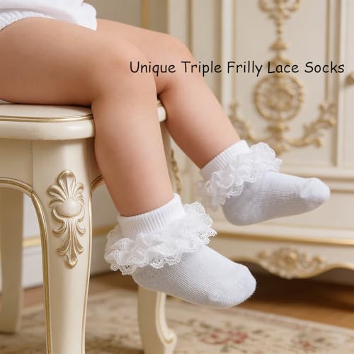 Image of Epeius Baby-Girls Eyelet Turn Cuff Ruffle Lace Socks Triple Lace Dressy Socks Newborn /Infants /Toddlers 3 /5 Pairs