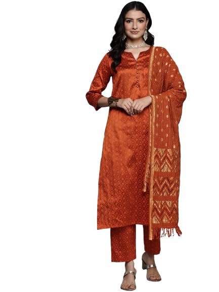 Varanga Women's Rust Round Neck Woven Design Gotta Embellished Straight Kurta Paired With Bottom And Dupatta