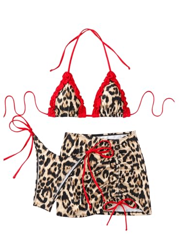 WDIRARA Women's 3 Piece Leopard Print Bikini Set String Halter Swimsuit with Cover Up Skirts