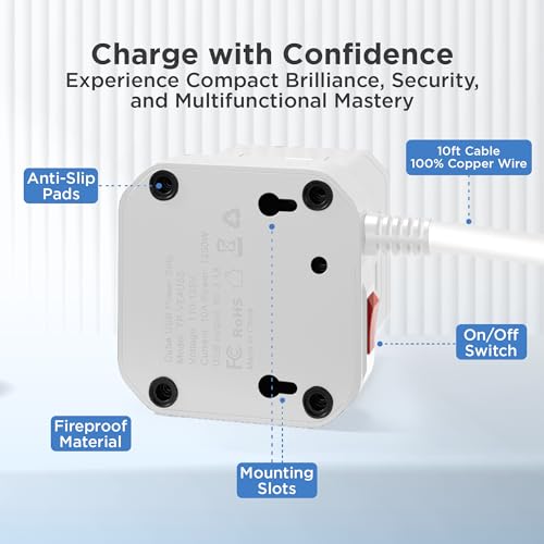 Image of Uncaged Ergonomics Cube Power Strips w /Surge Protection, 10ft Extension Cord with Multiple Outlets, 5 AC Plugs, 3 USB (1C Port) Fast Charging Power Strip with USB Port, On /Off Switch Charging Station