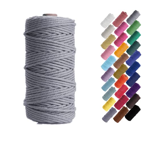 Binwat 3mm x 100m Natural Cotton Cord Yarn for Macrame, Wall Hangings, Plant Hangers, DIY Crafts, Home Decorations, Gift Wrapping (Grey)