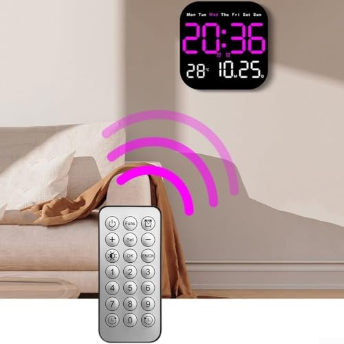 Image of 15-Inch Digital Wall Clock with Large LED Display - Remote Control, Auto-Dimming, Night Light, Date, Day, Temperature, DST Function - Ideal for Living Room, Bedroom (Square 9 inch Pink)