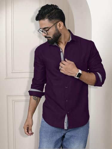 Image of Pinkmint Shirt for Men Cotton Spread Collar Button Down Long Sleeve Shirt Home, Regular, Home (Pack of 1) Purple