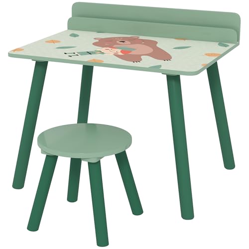 AIYAPLAY Mesa e cadeira infantis de 2 peças mesa infantil com cadeira e prateleira para livros secretária para crianças de +3 anos para sala de jogos verde