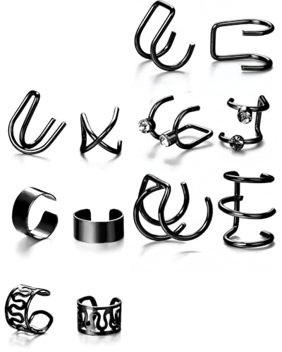 ZAMXHUG 12 pcs Pendientes sin Agujero Mujer,Pendientes Clip Orejas Set Falsos Sin Agujero Ear Cuff Plata De Oreja Cartilago Hélice Envolventes Pendientes de Oreja Ajustables para Mujeres,Negro