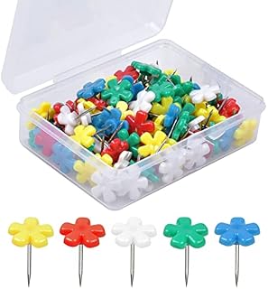 100 Pcs Drawing Pins Colourful Push Pin Plastic Flower Board Thumb Tacks with Storage Box pin board accessories for Kids Map Whiteboard Corkboard Photo Wall Bulletin Board Office or Home Decoration