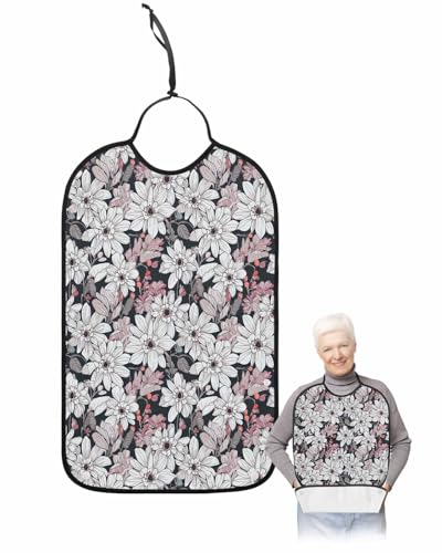 LEOKOTI Red White Spring Floral Adult Bibs for Eating, Waterproof Bibs with Food Catcher & Adjustable Snap Closure, Summer Botanical Classic Black Washable Clothing Protectors Adult Bibs for Elderly