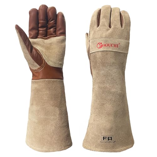 AOUCHI Grill-Schweißhandschuhe aus Rindsleder für Damen und Herren, langärmelig, feuerfeste und hitzebeständige Handschuhe für Grill, WIG, MIG, Feuerbekämpfung, Kamin, Ofen, Backen, Herd, Topflappen