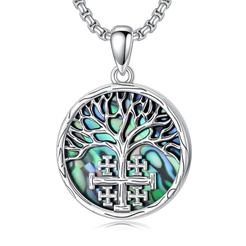 SIMONLY Cross Necklace 925 Sterling Silver Jerusalem Cross/Tree of Life Necklace Crucifix Pendant Religious Jewelry Christmas Thanksgiving Gifts for Men Women