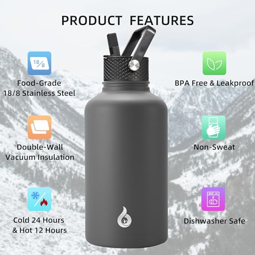 Image of BJPKPK Half Gallon Insulated Water Bottles with Straw Lid, 64oz Large Water Jug, Stainless Steel Bottles with 3 Lids and Paracord Handle, Thermo for Hot & Cold Liquid, Gray