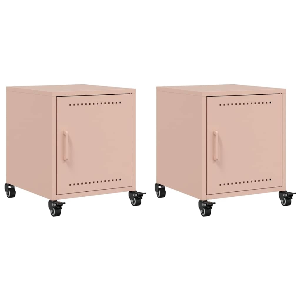 Table de nuit rose sur roulettes pour nettoyer facilement sous le meuble