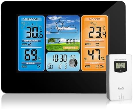 Wireless Weather Station, Indoor Outdoor Thermometer Hygrometer, Color LCD Display Digital Temperature Humidity Monitor, Barometer with Dual Alarm Clock, USB Charging, Adjustable Backlight