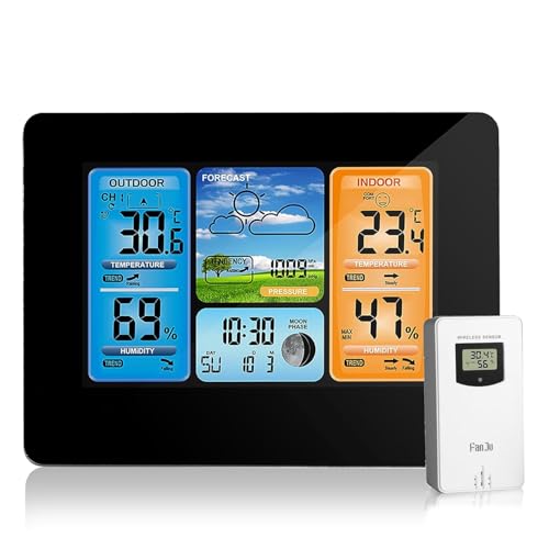 ALLOMN - Wireless Weather Station, Indoor Outdoor Thermometer Hygrometer, Color LCD Display Digital Temperature Humidity Monitor, Barometer with Dual Alarm Clock, USB Charging, Adjustable Backlight - -5%