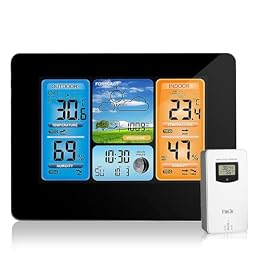 ALLOMN Weather Station Wireless Indoor Outdoor Thermometer, Color Display Digital Thermometer with Remote Sensor, Home Weather Station with Barometer Dual Alarm Clock, Forecast Station, Black