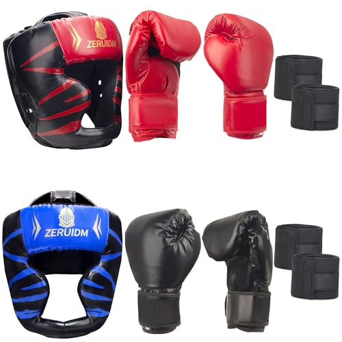 6-in-1 Boxing Headgear and Gloves Set, Training Sparring Safety Head Guard for MMA, Kickboxing, Muay...