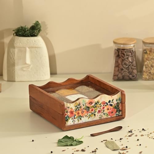 Image of Brick Brown Premium Wooden Pastel Flora Nava Masala Box with Wooden Spoon | 9-Compartment Spice Box Organizer with Acrylic Lid Meenakari Work | Masala Dani Namak Dani | Masala's Container Dabba