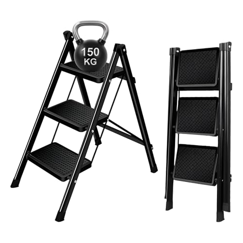 Folding 3 Step Ladder, Durable Steel, Non-Slip Feet and Steps Support 150 KG Capacity, Lightweight, Easy to Store, Ideal for DIY, Decorating, Home Use and RV Outdoor Work (Black-1)