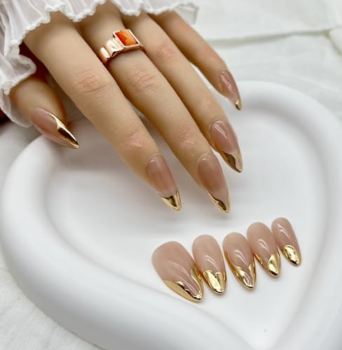 CkeYesOwn French Tip Handmade Press On Nails Almond- Cat Eye with Gold Tip Design, French Fake Nails, Glossy Glue on Nails for Women Manicure(Small)